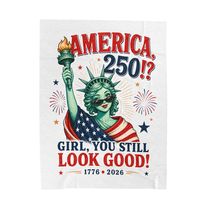 America 250 Velveteen Plush Blanket | "Girl, You Still Look Good!" Patriotic Statue of Liberty Throw (1776–2026)