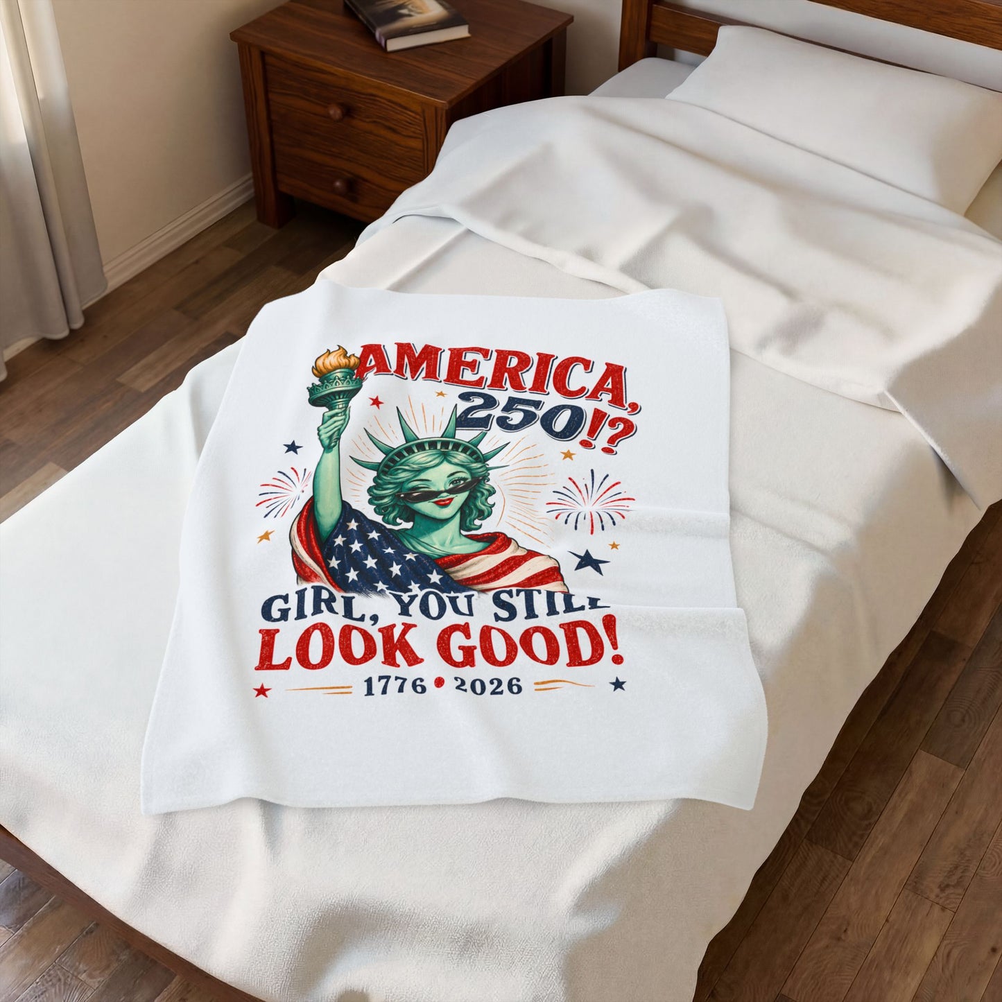 America 250 Velveteen Plush Blanket | "Girl, You Still Look Good!" Patriotic Statue of Liberty Throw (1776–2026)