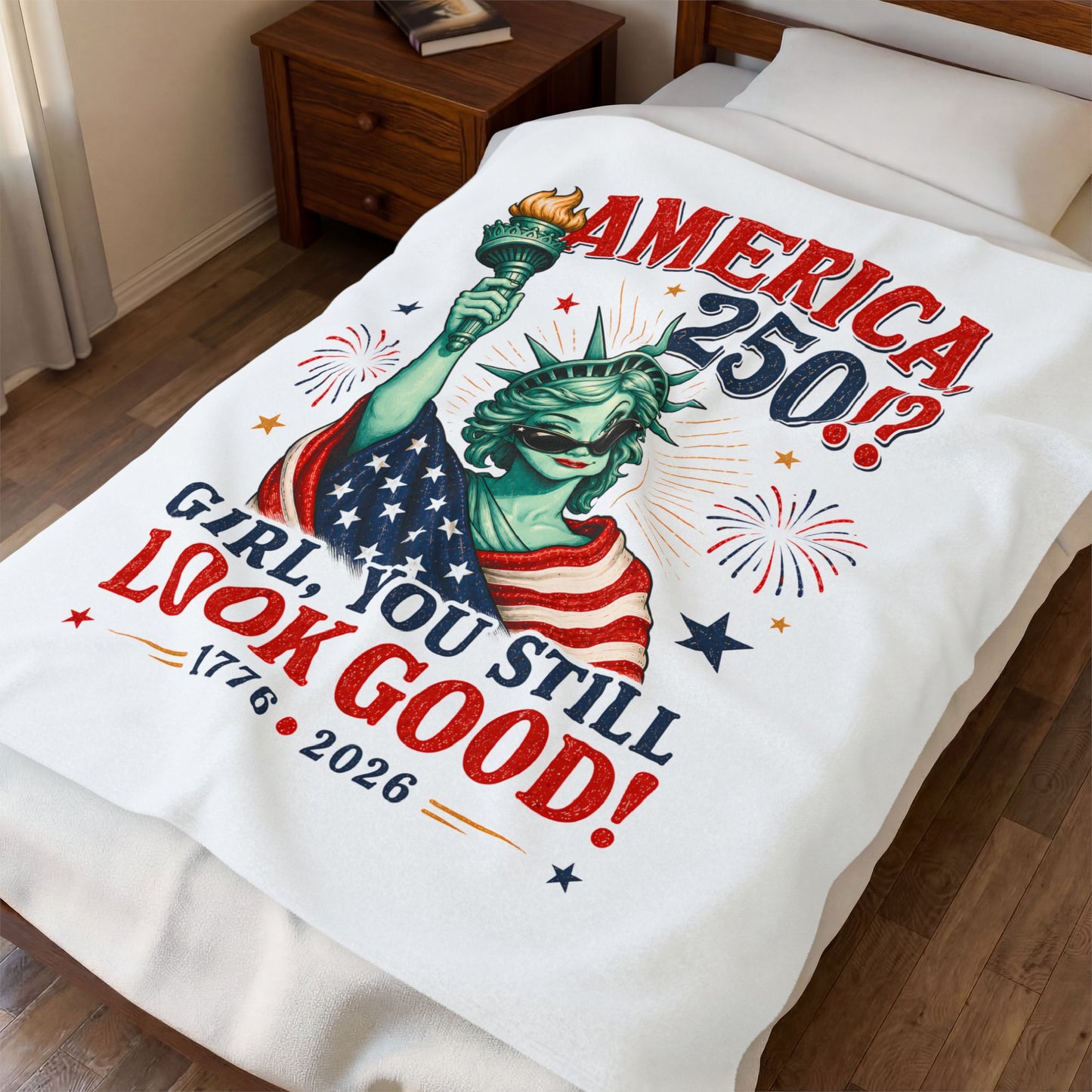 America 250 Velveteen Plush Blanket | "Girl, You Still Look Good!" Patriotic Statue of Liberty Throw (1776–2026)