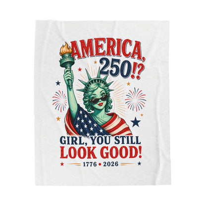 America 250 Velveteen Plush Blanket | "Girl, You Still Look Good!" Patriotic Statue of Liberty Throw (1776–2026)