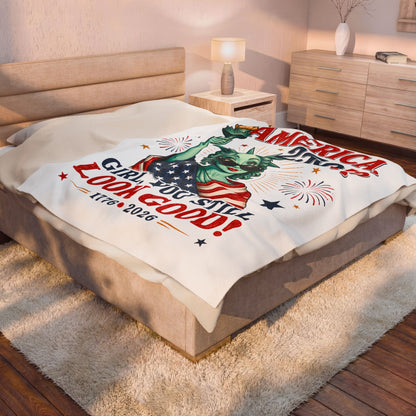 America 250 Velveteen Plush Blanket | "Girl, You Still Look Good!" Patriotic Statue of Liberty Throw (1776–2026)