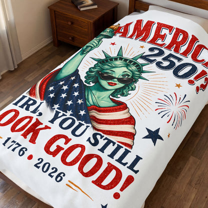 America 250 Velveteen Plush Blanket | "Girl, You Still Look Good!" Patriotic Statue of Liberty Throw (1776–2026)